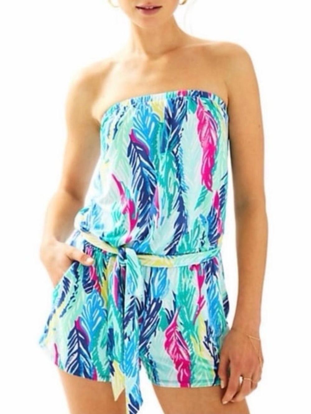 Lilly Pulitzer Blythe Tropical Feather Print Strapless Romper